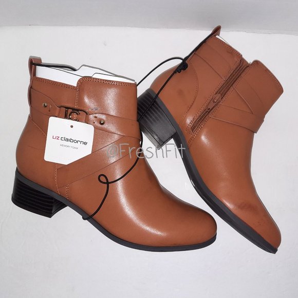 🆕Liz Claiborne Hoyt Memory Foam Booties Luggage Camel Stacked Heel 8M - Picture 3 of 11